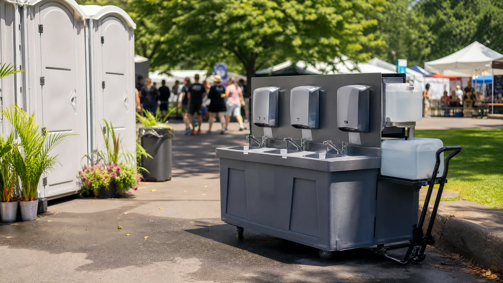 Portable sink station placed near a clean outdoor restroom area.